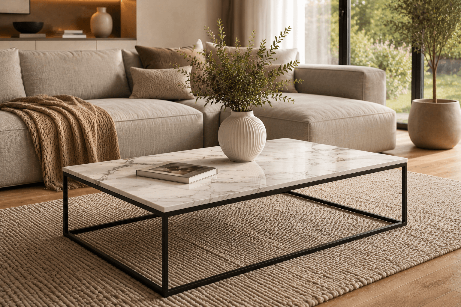 Eleganter Couchtisch in Marmoroptik mit Vase und Deko im Wohnzimmer