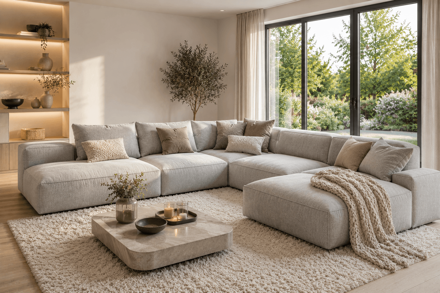 Modulares Sofa in Hellgrau mit Kissen und Decke in gemütlichem Wohnzimmer