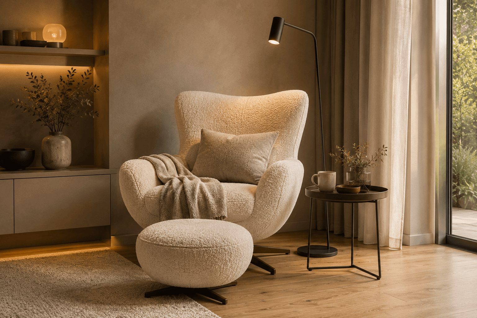 Gemütliche Relax-Ecke mit Sessel, Stehlampe und Beistelltisch