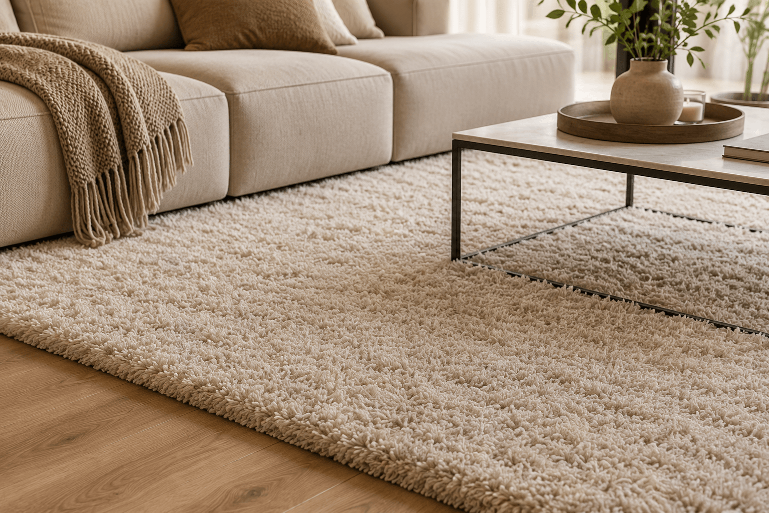Weicher Hochflor-Teppich in Creme unter Sofa und Couchtisch