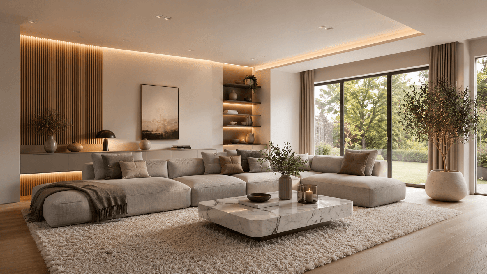 Modern eingerichtetes Wohnzimmer mit modularem Sofa, Marmor-Couchtisch und warmer Beleuchtung
