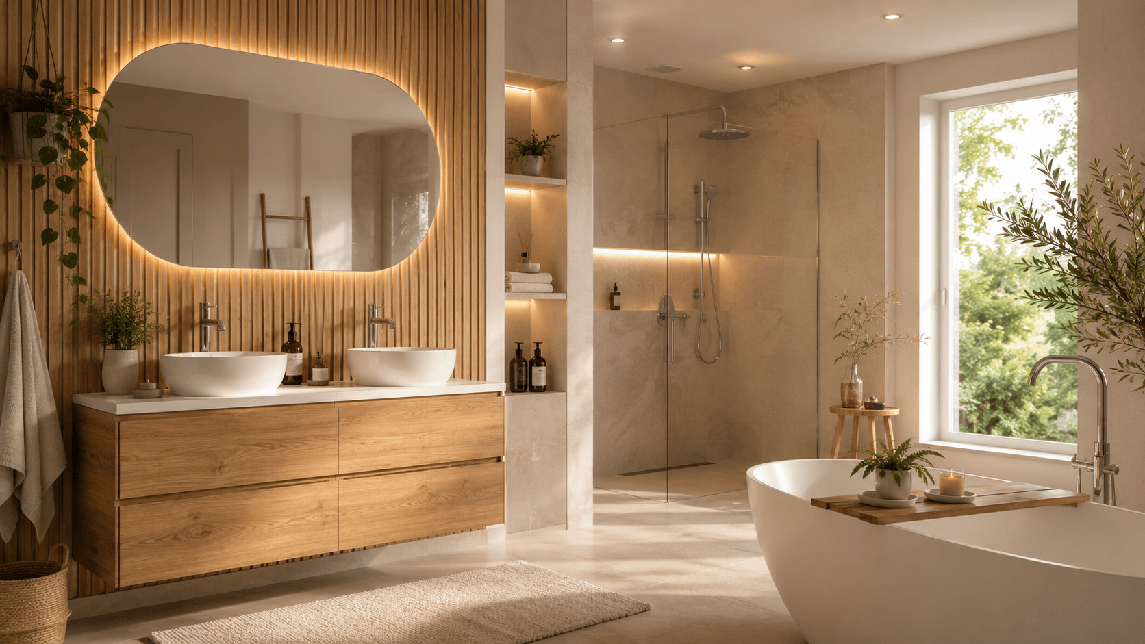 Modernes Badezimmer mit Holzelementen – Waschtisch in Holzoptik und Holz-Wandpaneel