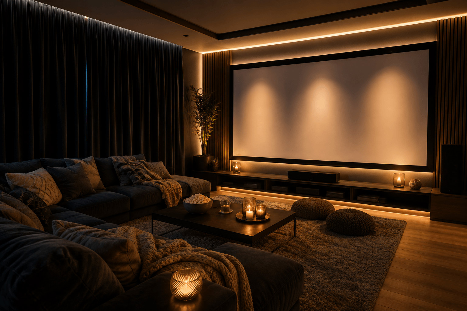 Abgedunkeltes Wohnzimmer mit indirektem Licht und Leinwand für echtes Kinofeeling
