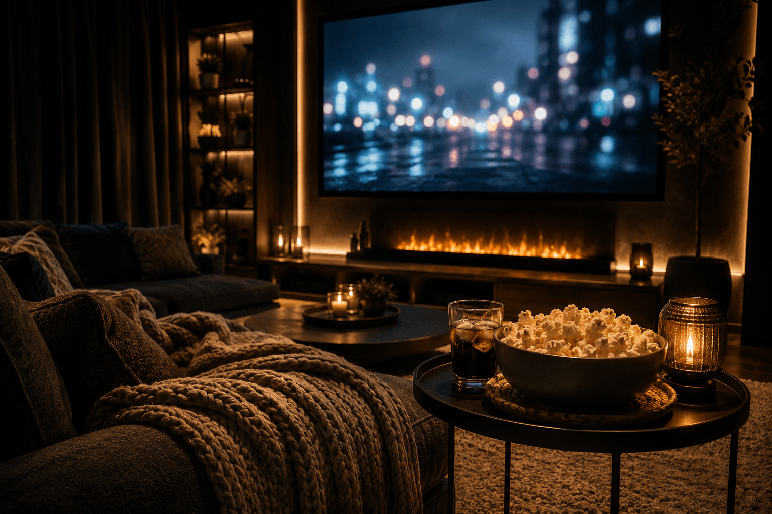 Gemütlicher Filmabend mit warmem Licht, Decke und Snacks im Heimkino