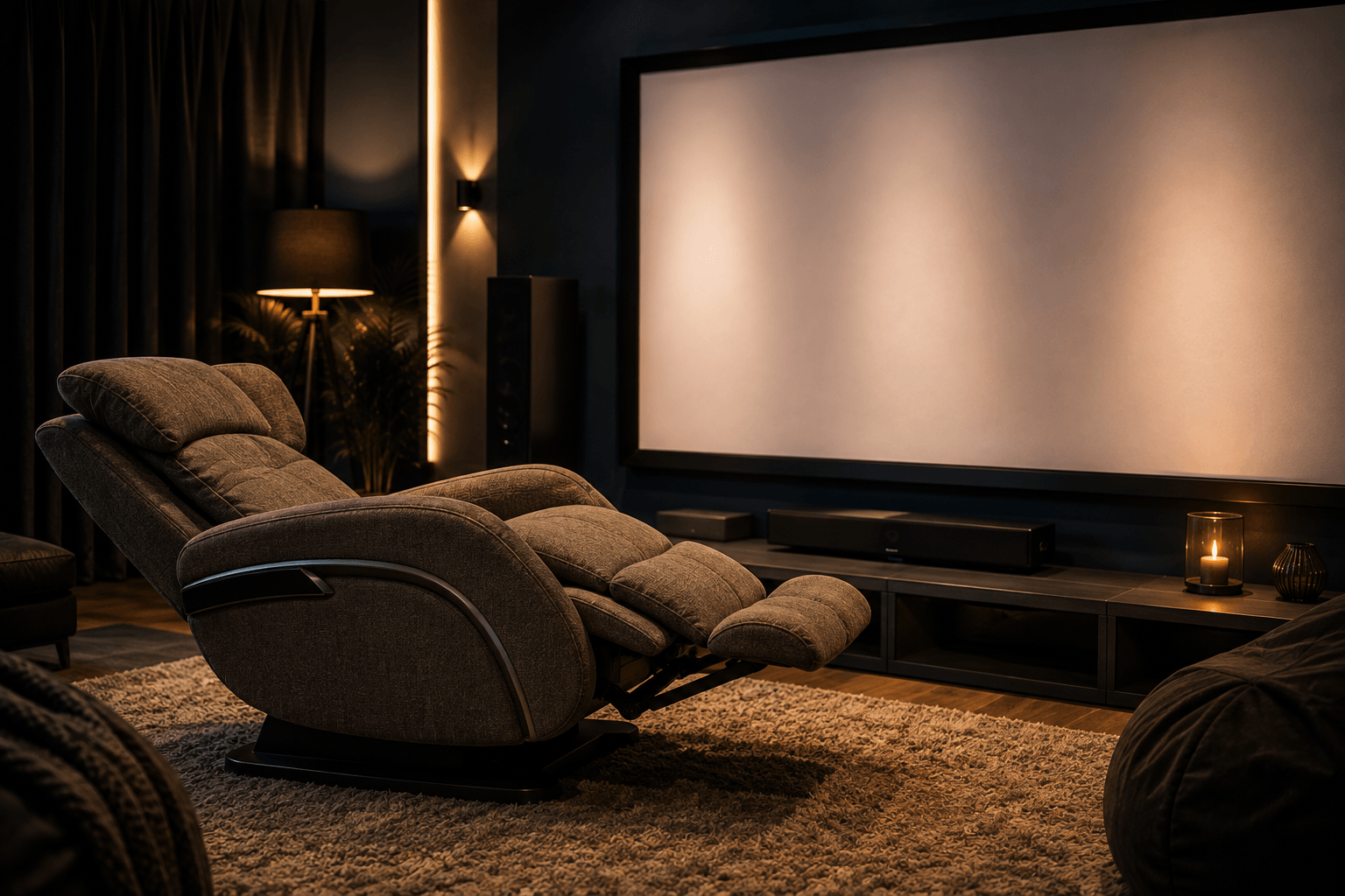 Bequemer Relax- und Massagesessel als Kinosessel vor einer Leinwand im Heimkino