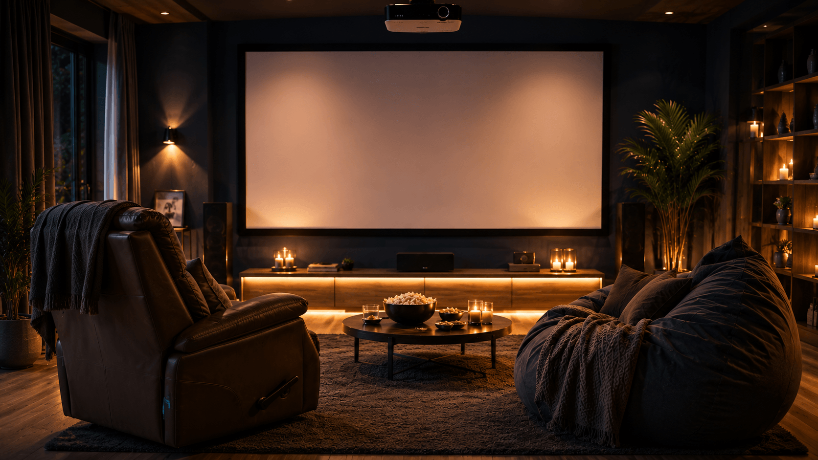 Gemütliches Heimkino im Wohnzimmer mit großer Leinwand und bequemen Sesseln bei warmem Licht