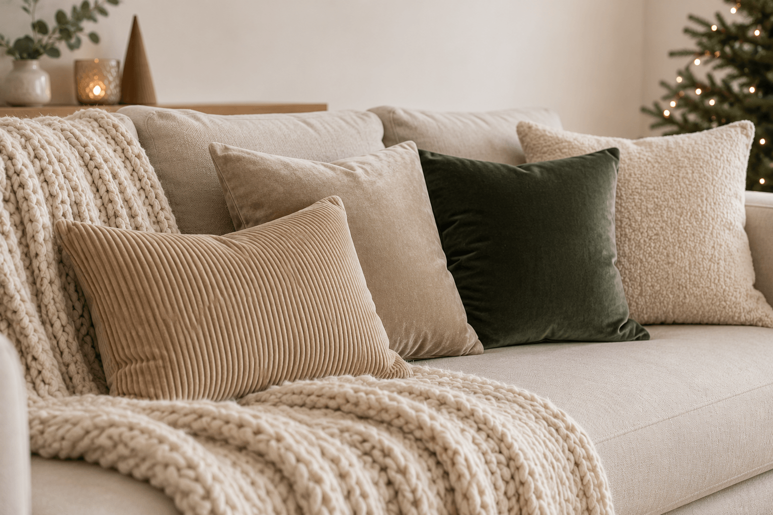 Beige Wolldecke und Kissen in Samt, Cord und Bouclé auf einem hellen Sofa