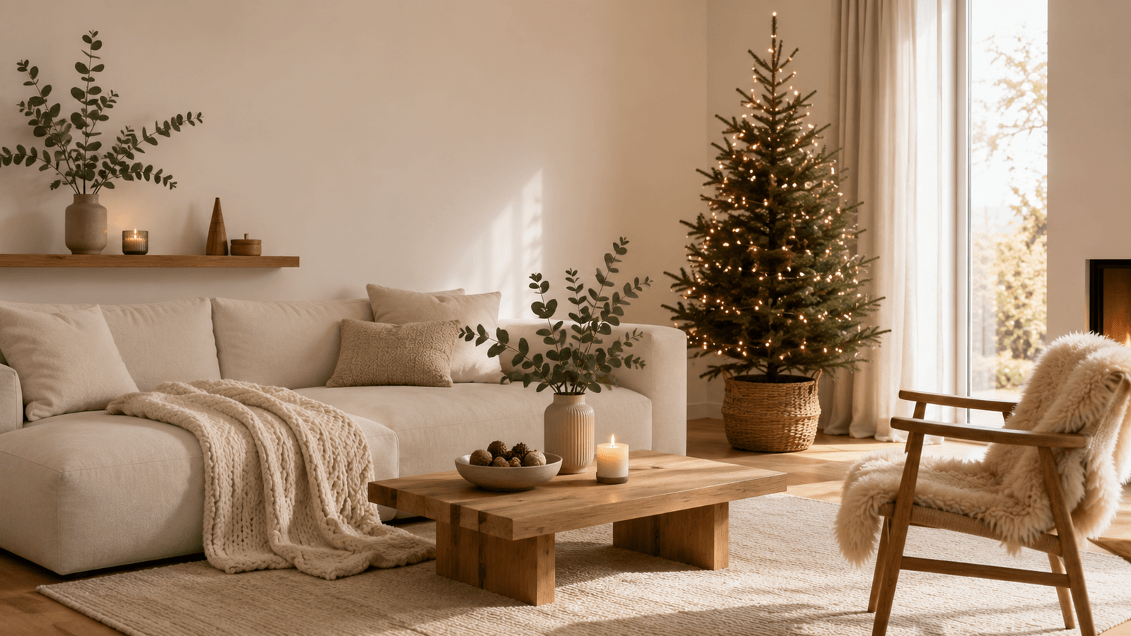 Minimalistisch dekoriertes Wohnzimmer zu Weihnachten mit Wolldecke und wenigen Naturdeko-Elementen