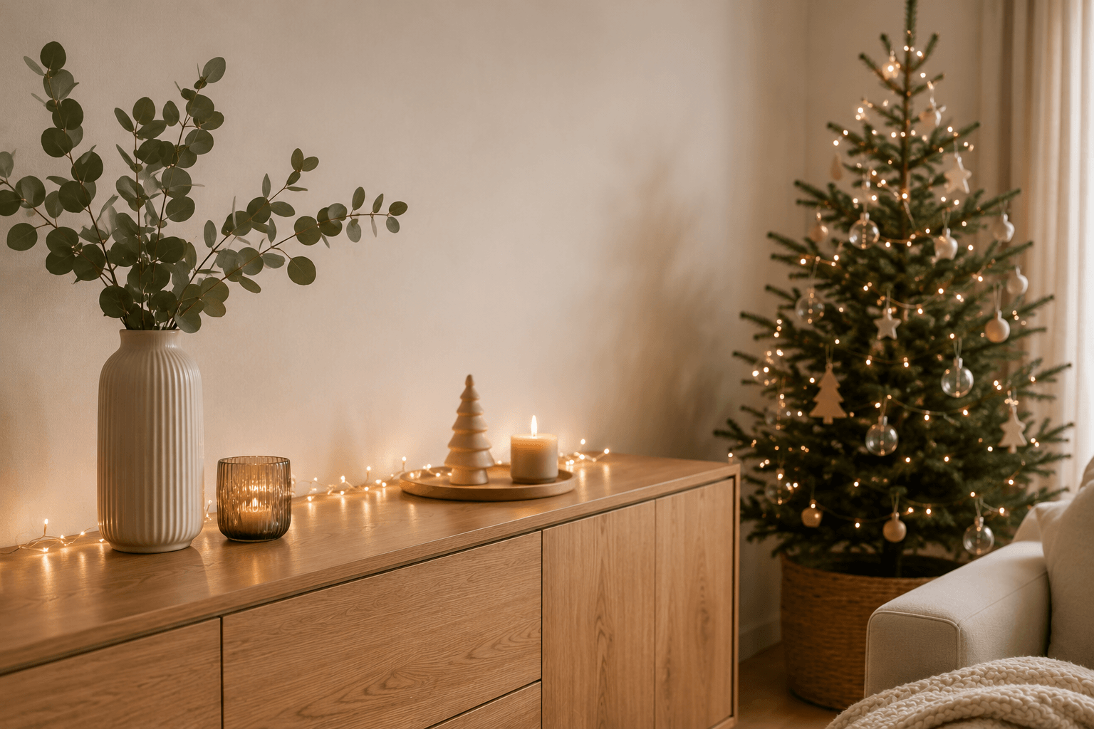 Schlicht dekoriertes Sideboard mit Vase, Eukalyptus und minimalistischem Weihnachtsbaum im Hintergrund