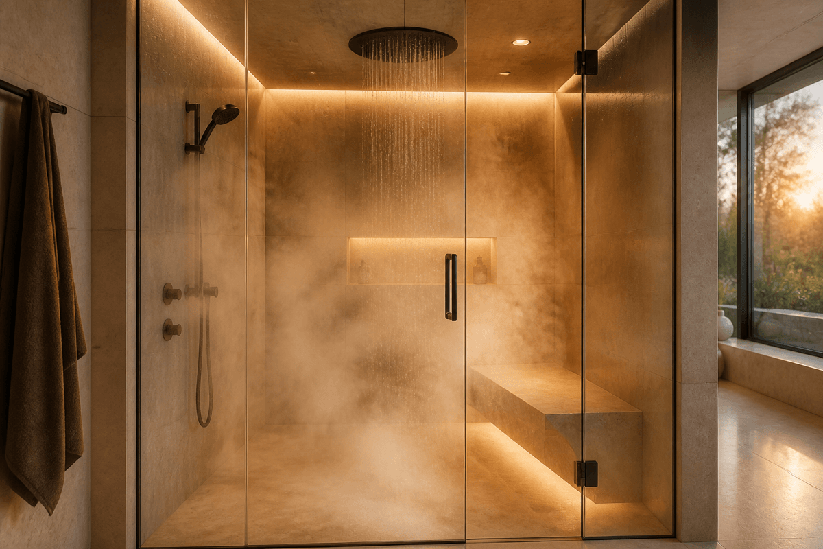 Dampfdusche mit aufsteigendem Wasserdampf und Regendusche