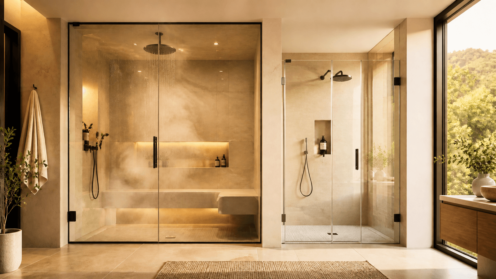 Modernes Badezimmer mit Dampfdusche und Duschkabine nebeneinander