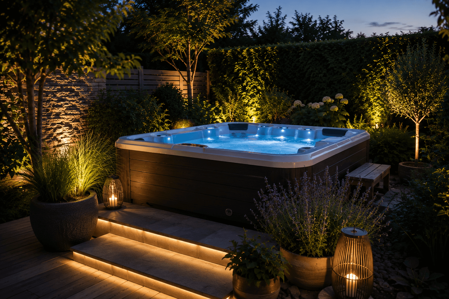 Outdoor-Whirlpool als entspannendes Wasserelement im Garten