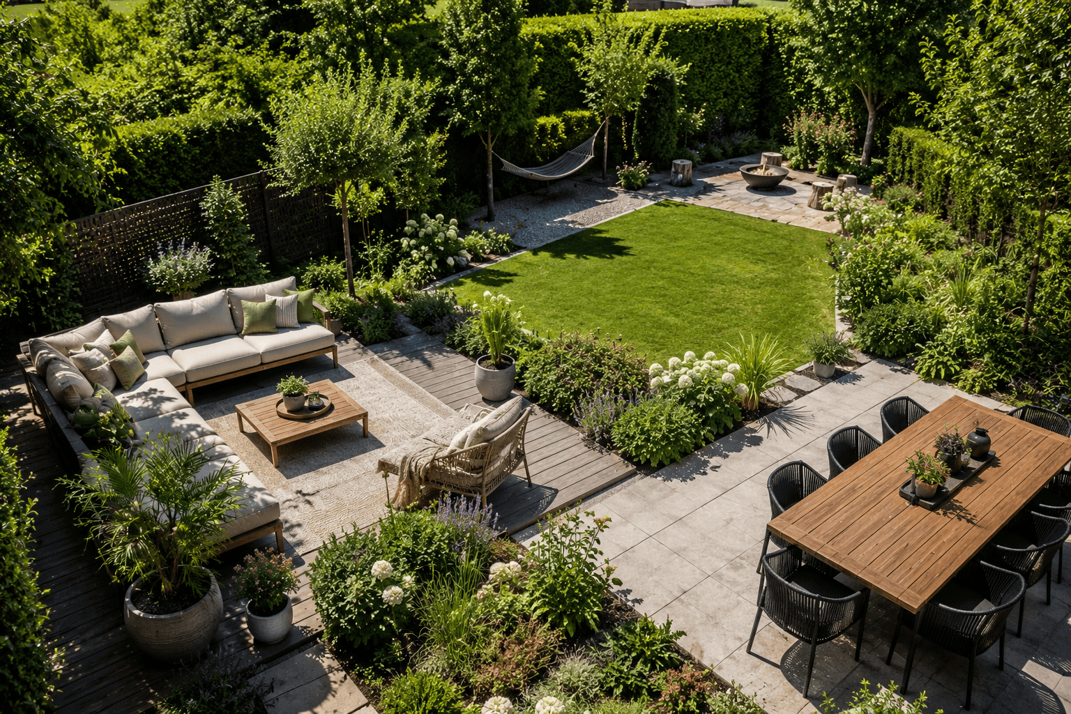 Garten mit verschiedenen Zonen für Ruhe, Essen und Aktivität