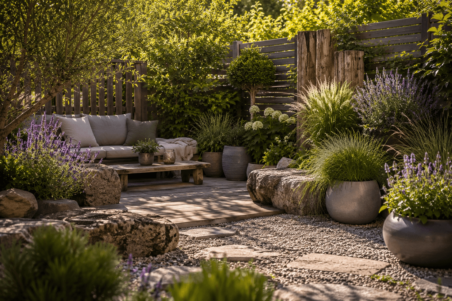Grüne Ruheecke im Garten mit Pflanzen und Naturmaterialien