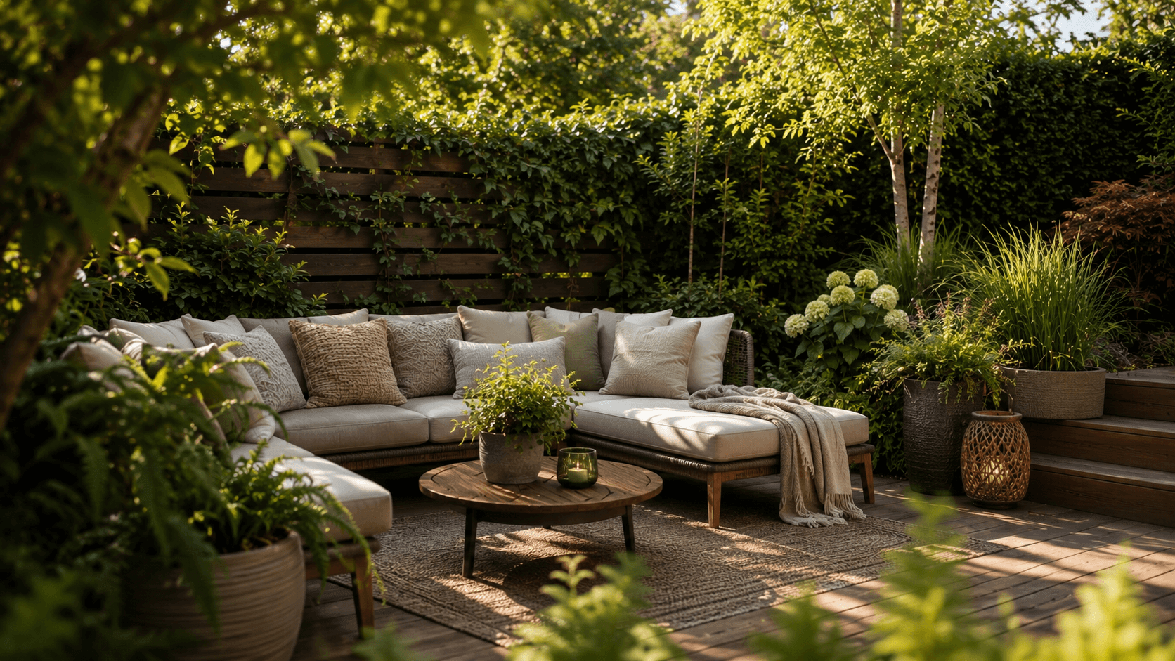 Gemütlicher Rückzugsort im Garten mit Loungemöbeln und Pflanzen
