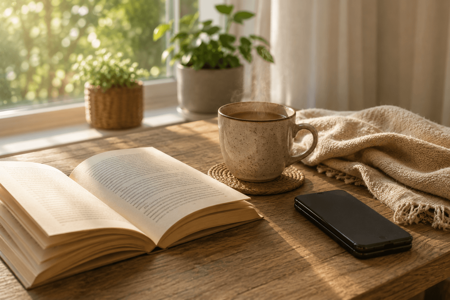 Bewusste Pause vom Smartphone – Tee und aufgeschlagenes Buch statt Bildschirm