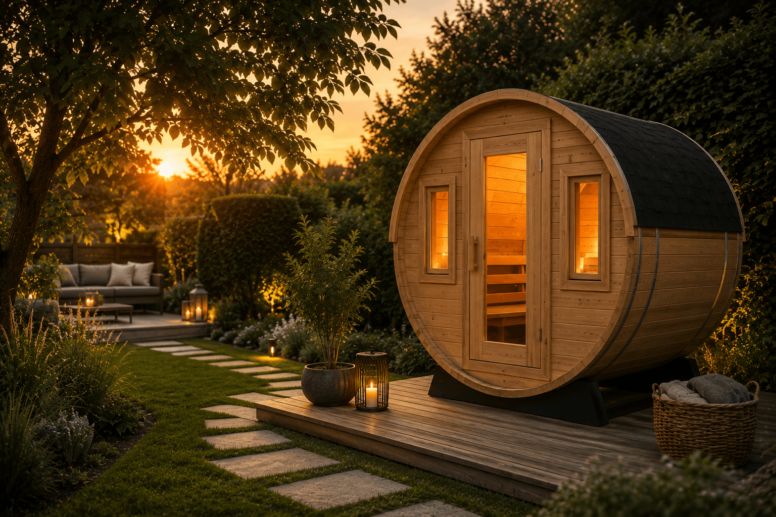 Fasssauna aus Holz im grünen Garten an einem ruhigen Sommerabend