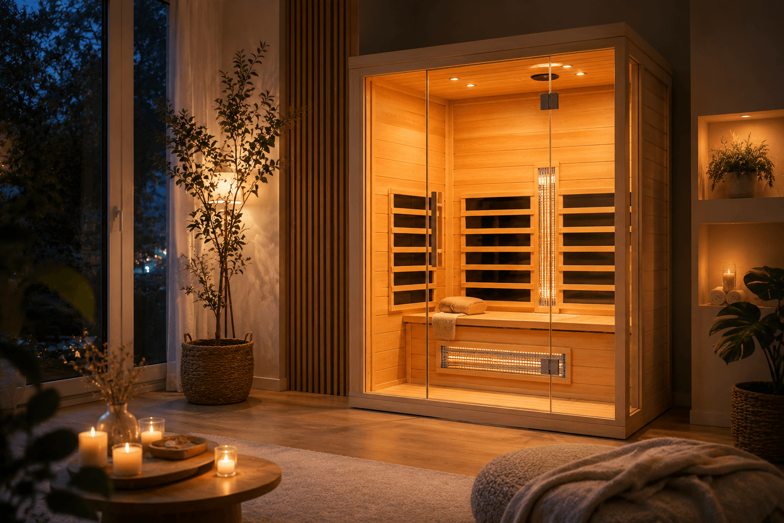 Moderne Infrarotkabine aus hellem Holz mit warmer Ambientebeleuchtung im Wohnraum