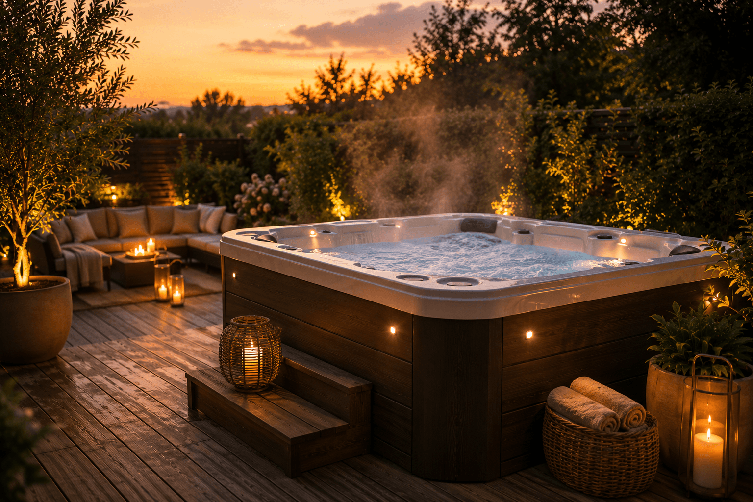 Sprudelnder Outdoor-Whirlpool auf einer Terrasse in entspannter Abendstimmung