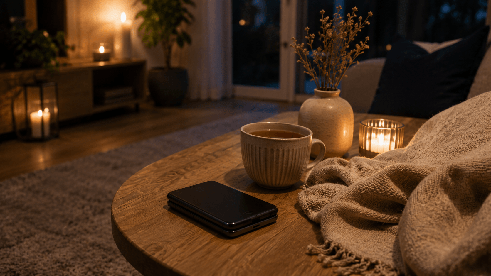 Entspannte, bildschirmfreie Wellness-Auszeit zuhause bei warmem Kerzenlicht