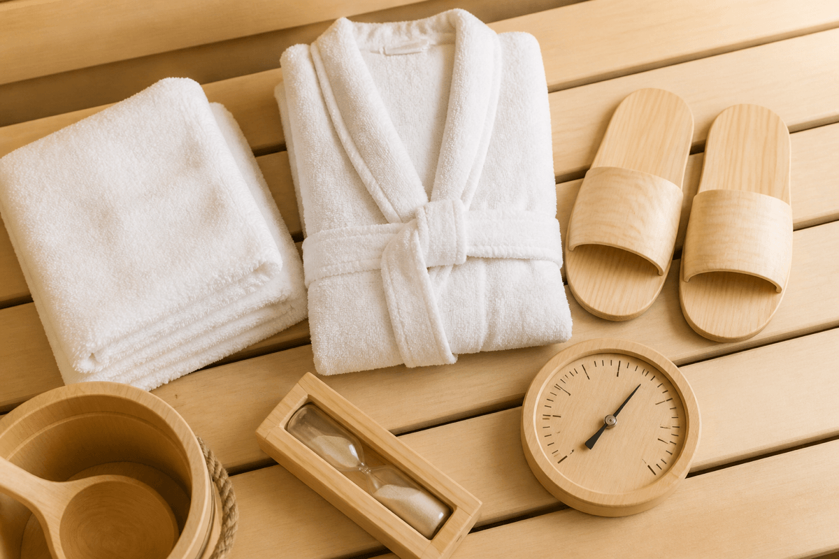 Zusammengelegte Handtücher, Bademantel und Sauna-Zubehör auf einer Holzbank