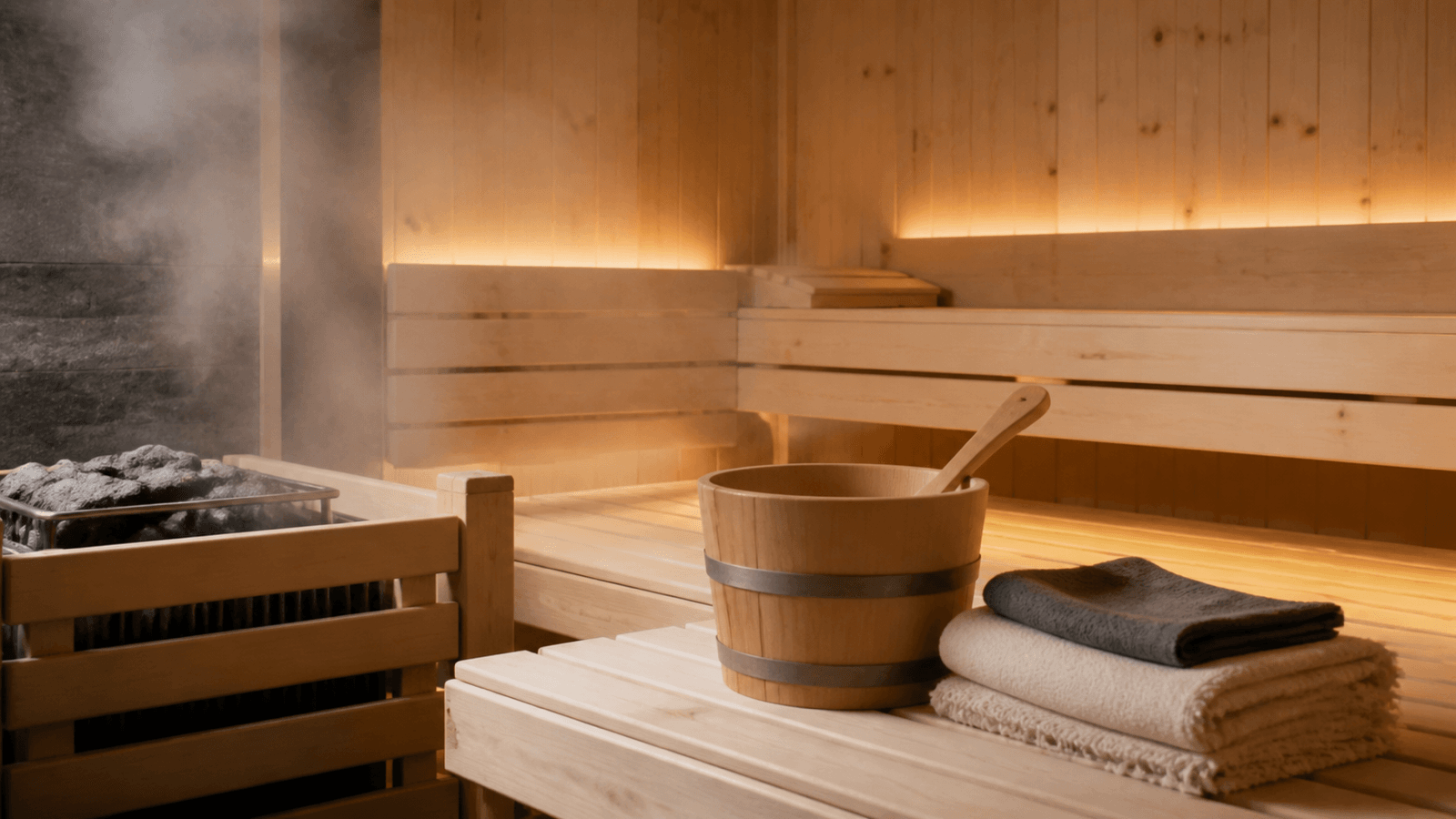 Gemütliche moderne Sauna aus hellem Holz mit warmem Licht und Aufgusskübel