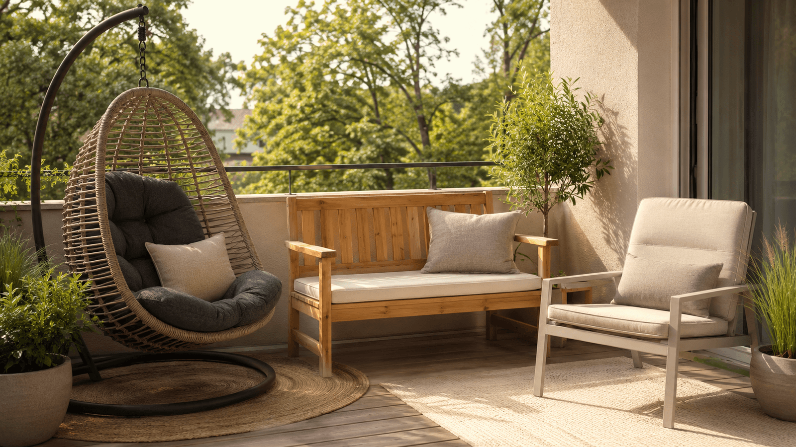 Balkon mit Möbeln aus verschiedenen Materialien – Polyrattan, Holz und Aluminium