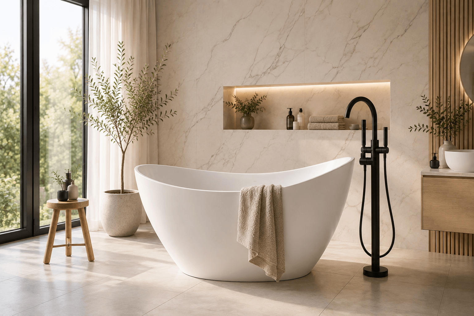 Freistehende Badewanne in eleganter Form mit klassischer Standarmatur