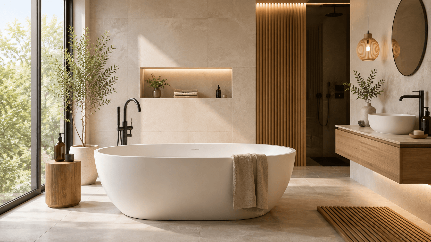 Moderne freistehende Badewanne in ovaler Form als Blickfang in einem hellen Designbad