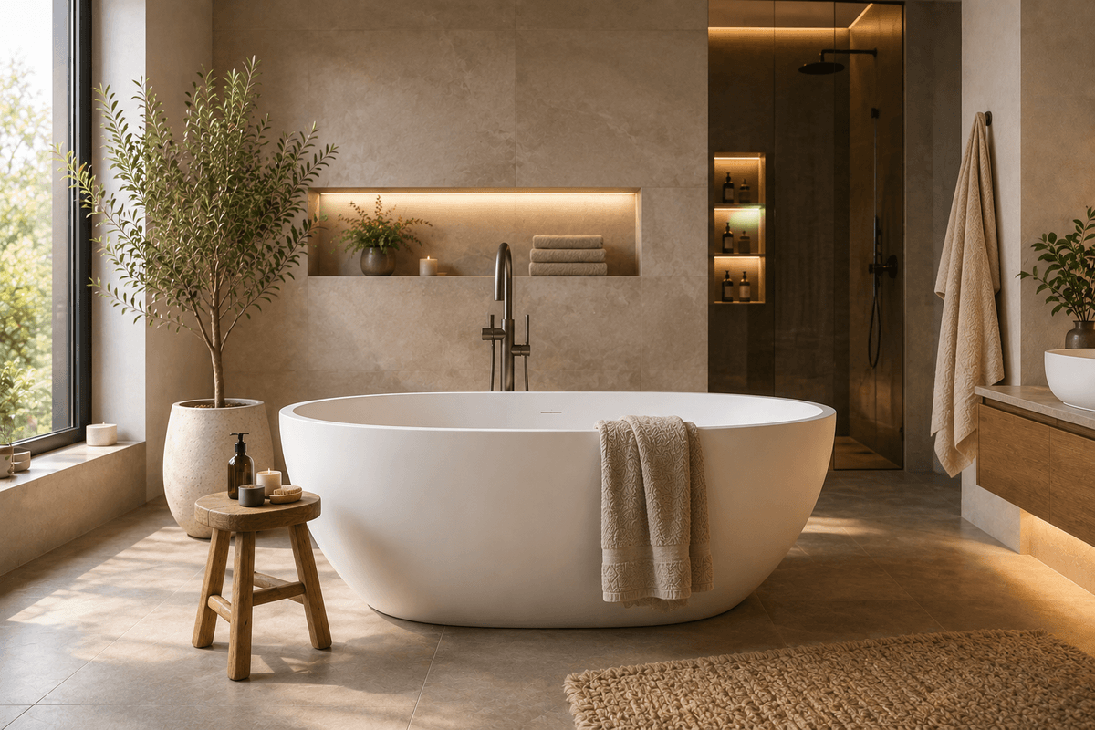 Freistehende Badewanne frei im Raum platziert als Designelement im Badezimmer