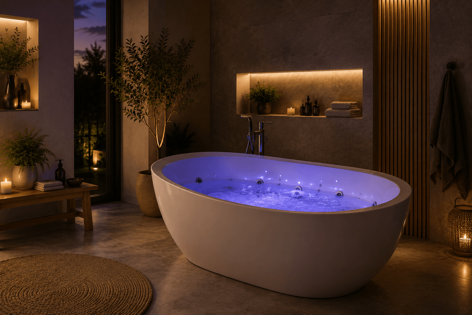 Freistehender Whirlpool mit farbiger LED-Beleuchtung und Massagedüsen in edlem Bad