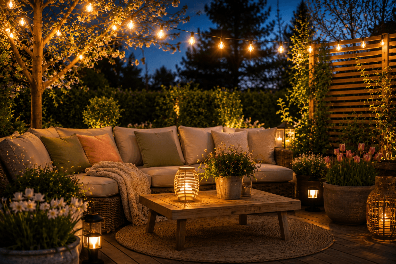 Solarleuchten und Lichterketten sorgen abends für stimmungsvolles warmweißes Licht in der Garten-Lounge