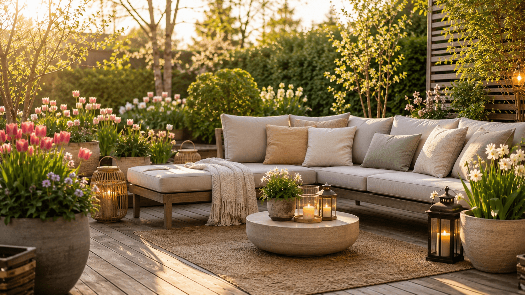 Feuerschale in Edelrostoptik verbreitet warmes Licht an einem kühlen Frühlingsabend in der Garten-Lounge