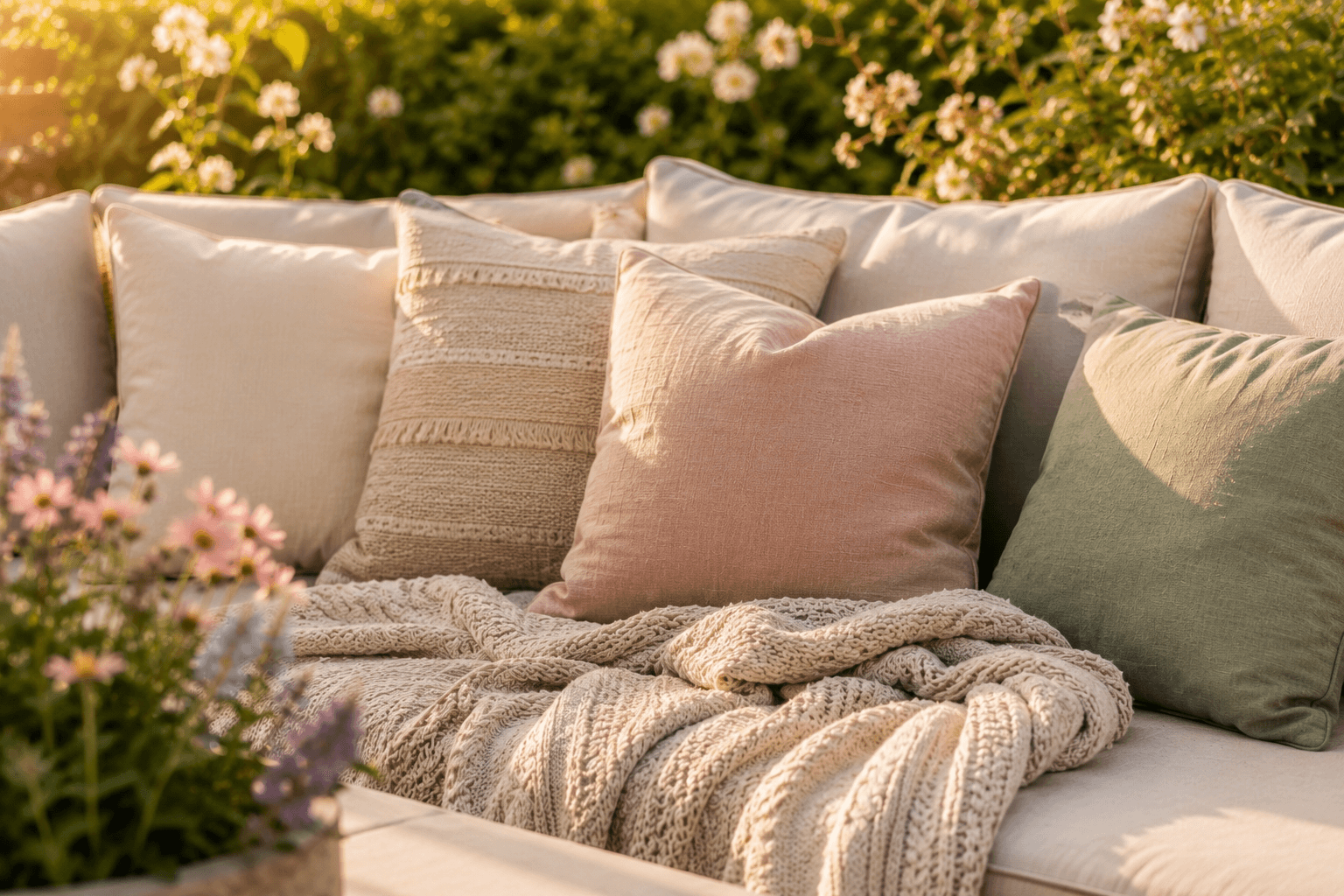 Outdoor-Kissen in Naturtönen und eine weiche Decke auf einem Loungesofa im Garten
