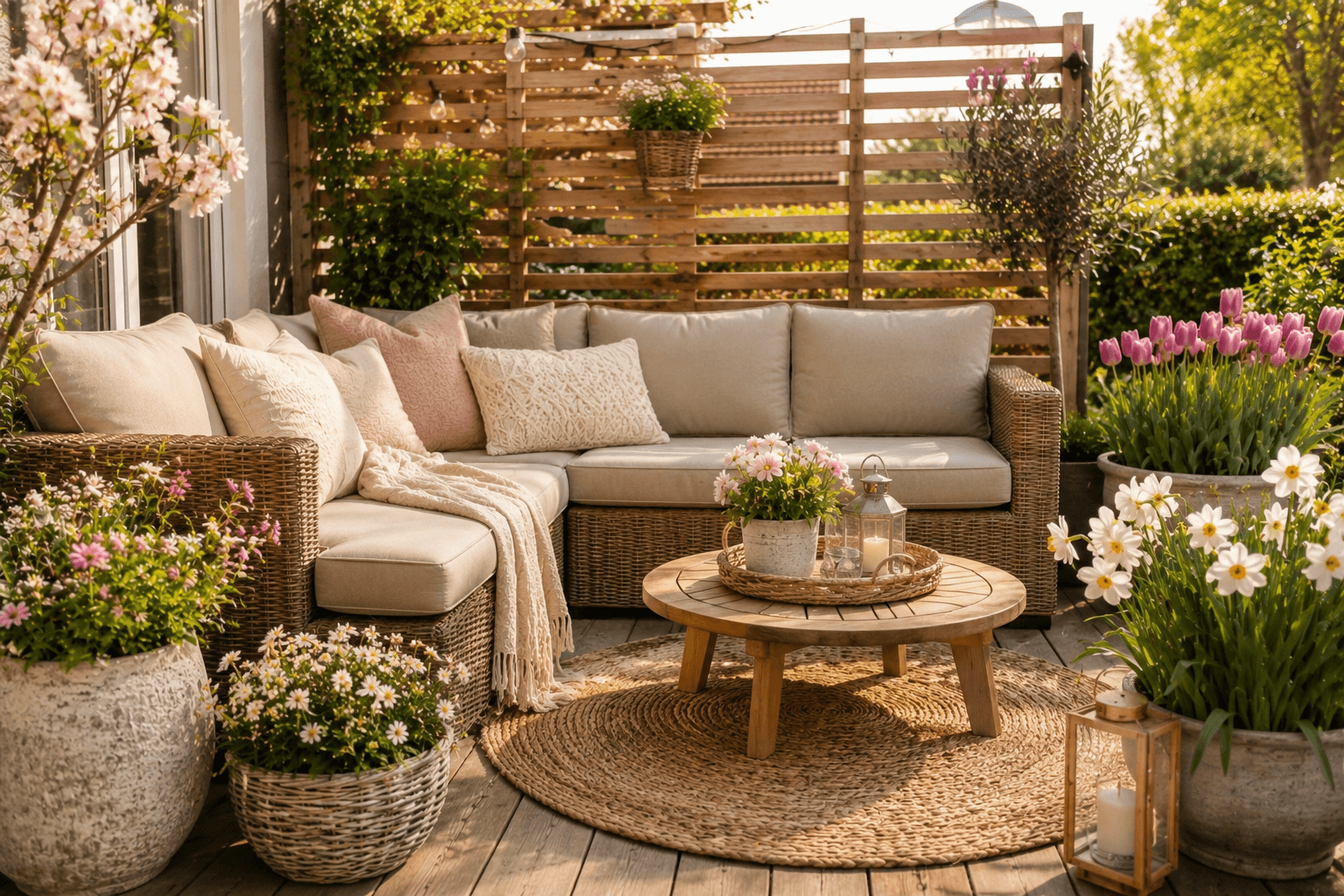 Loungemöbel in einer geschützten Ecke der Terrasse mit Sichtschutz und Frühlingsbepflanzung