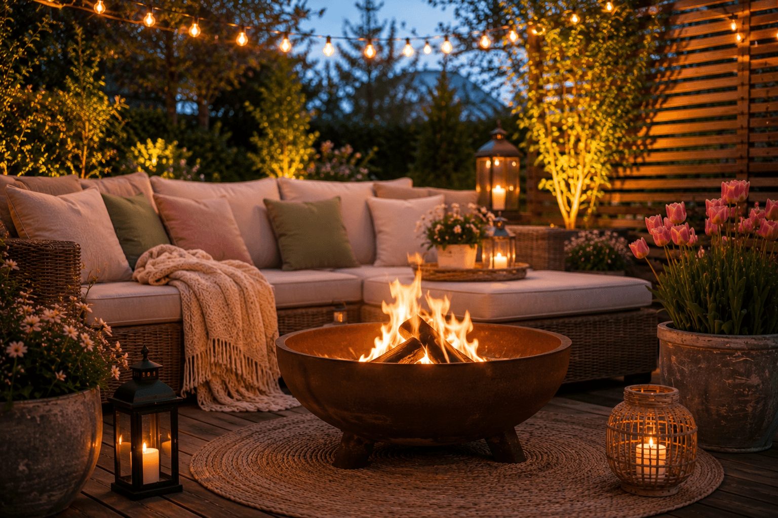 Gemütliche Garten-Lounge im Frühling mit Loungemöbeln, Kissen und Solarleuchten auf einer Terrasse