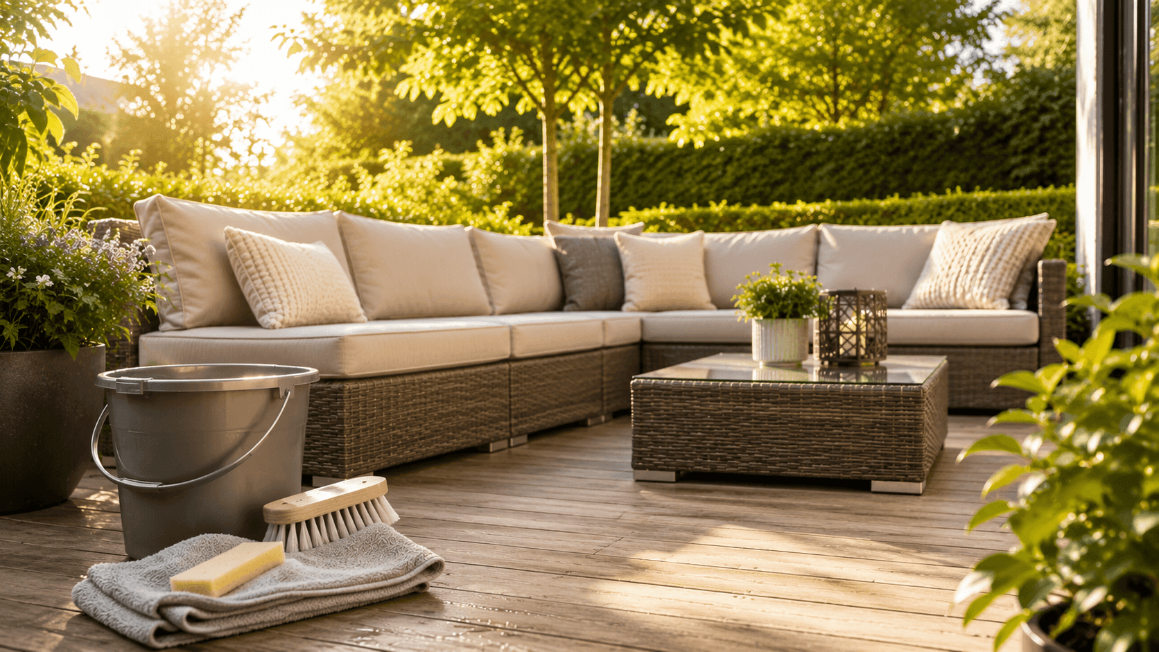 Gartenmöbel reinigen und pflegen auf der sommerlichen Terrasse