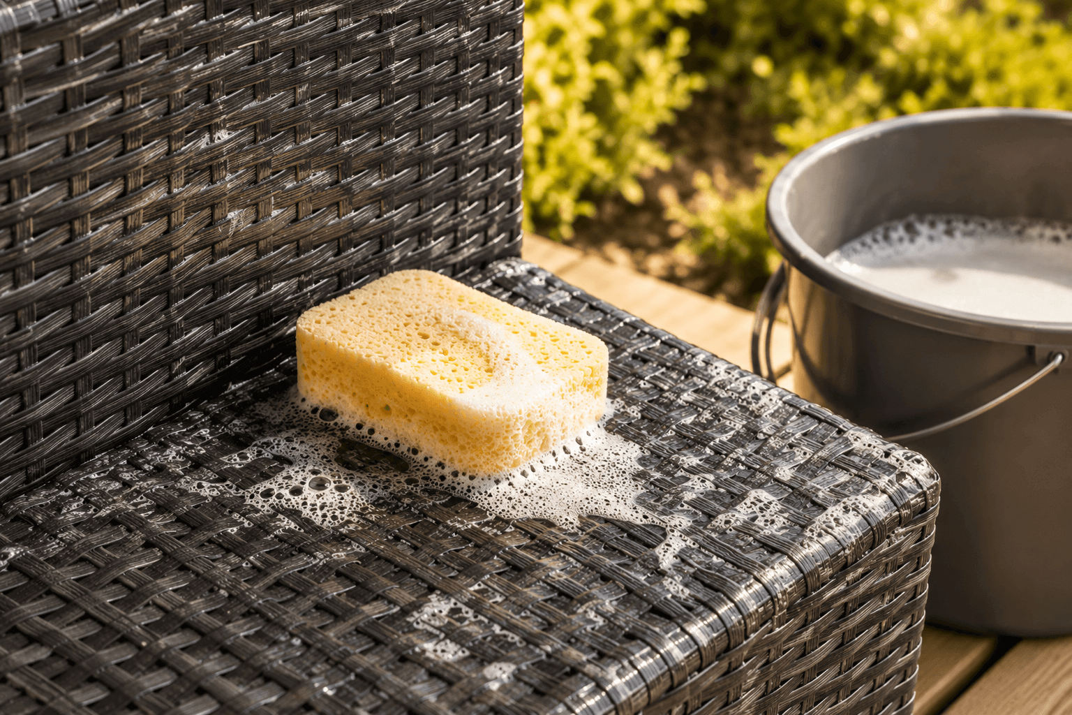 Polyrattan-Gartenmöbel mit Schwamm und Seifenwasser reinigen