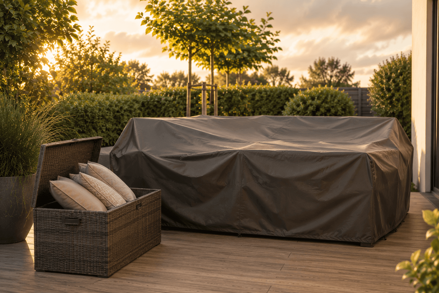 Gartenmöbel mit Schutzhülle abdecken und Auflagen verstauen