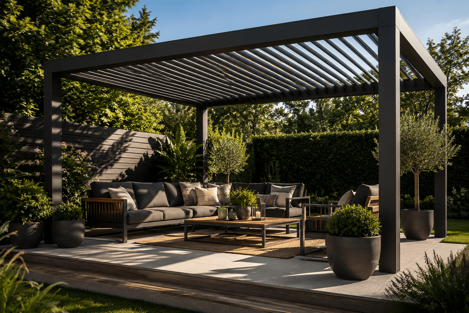 Moderner Lamellenpavillon aus Aluminium über einem Loungebereich im Garten