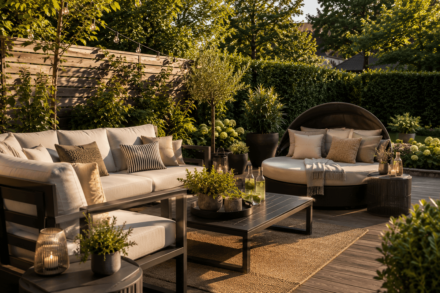 Gemütliche Outdoor-Lounge mit Daybed und Kissen für eine Gartenparty