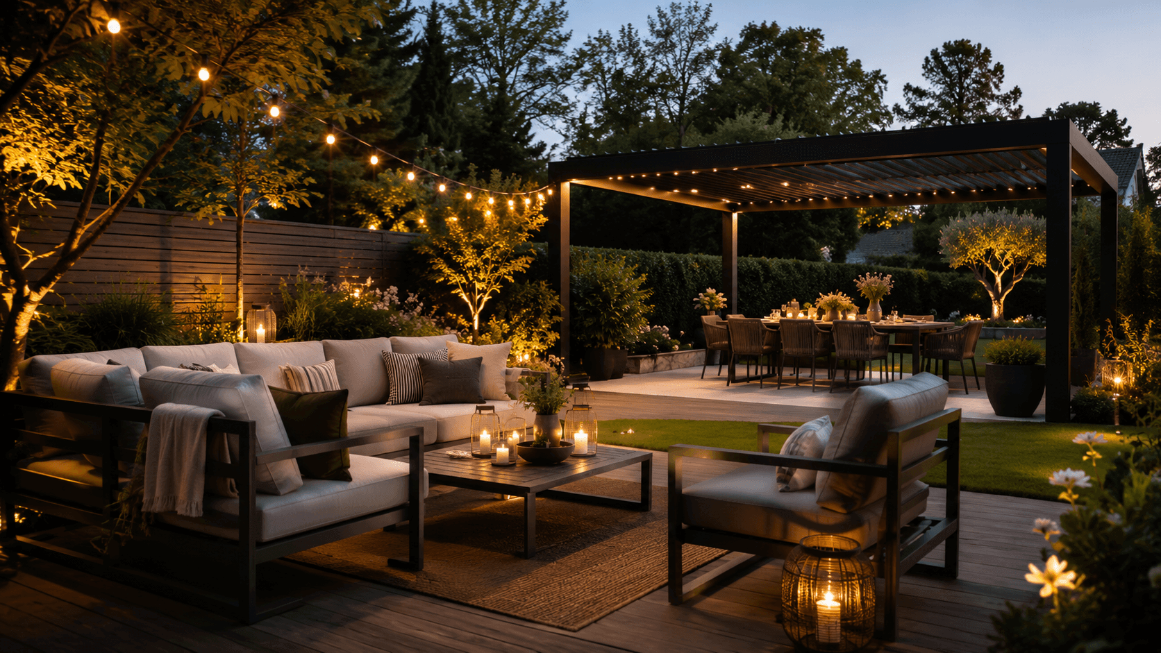 Stilvolle Gartenparty am Abend mit beleuchtetem Loungebereich und Pavillon