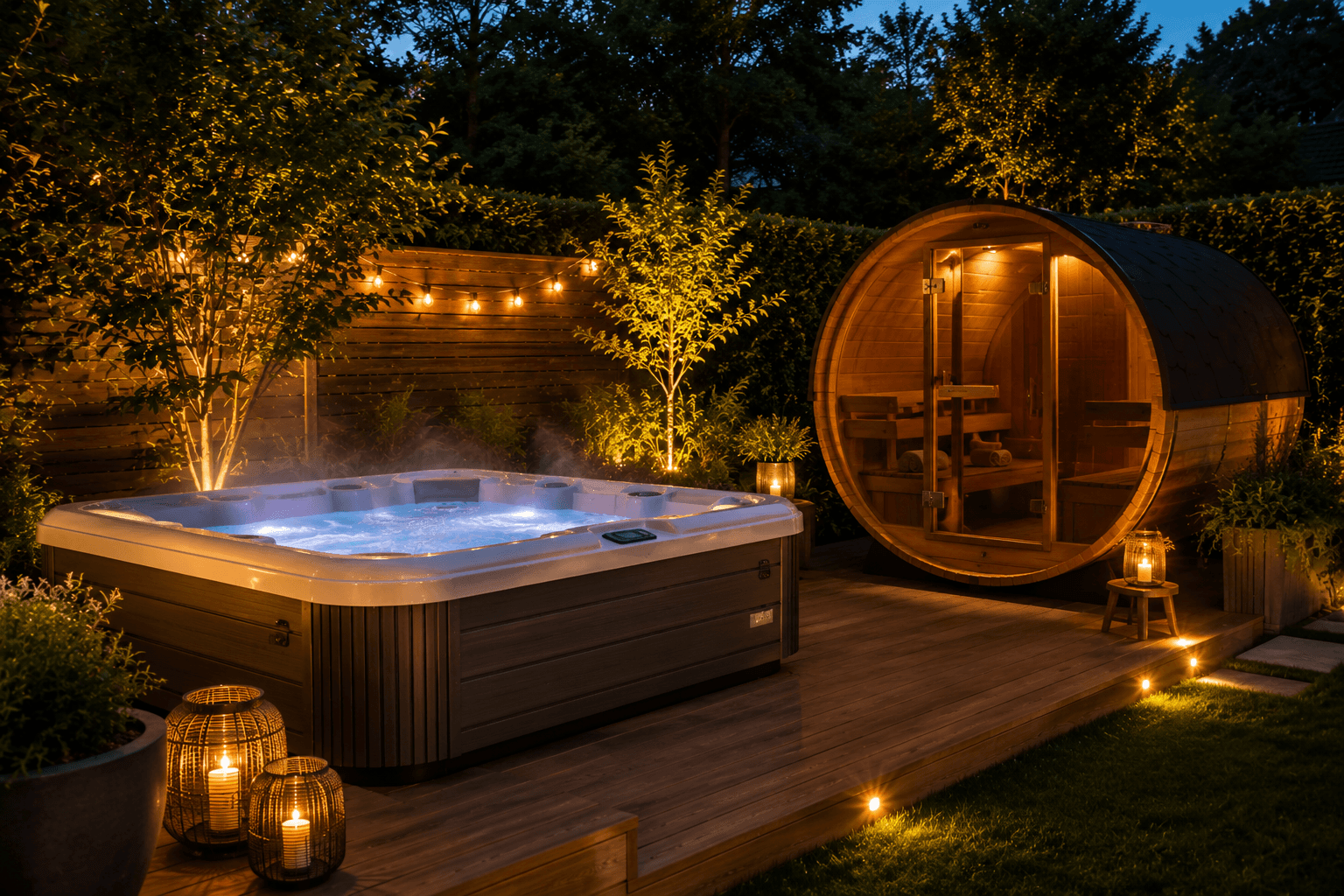 Outdoor-Whirlpool und Fasssauna im Garten als Wellness-Highlight einer Gartenparty