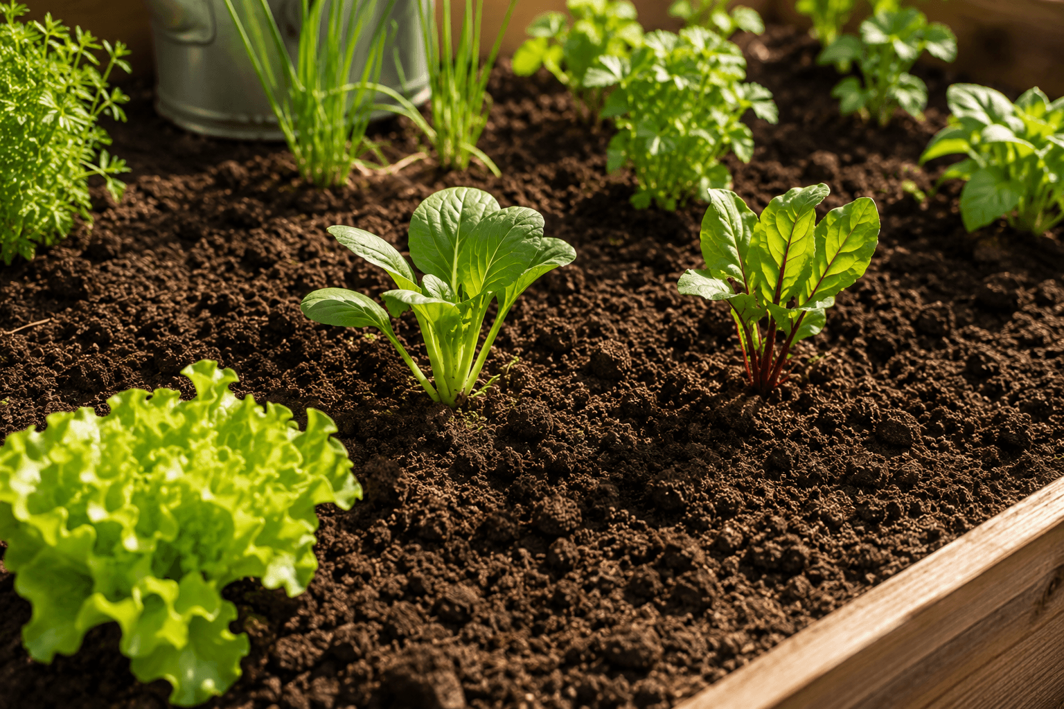 Hände lockern dunkle, humusreiche Gartenerde in einem sonnigen Beet