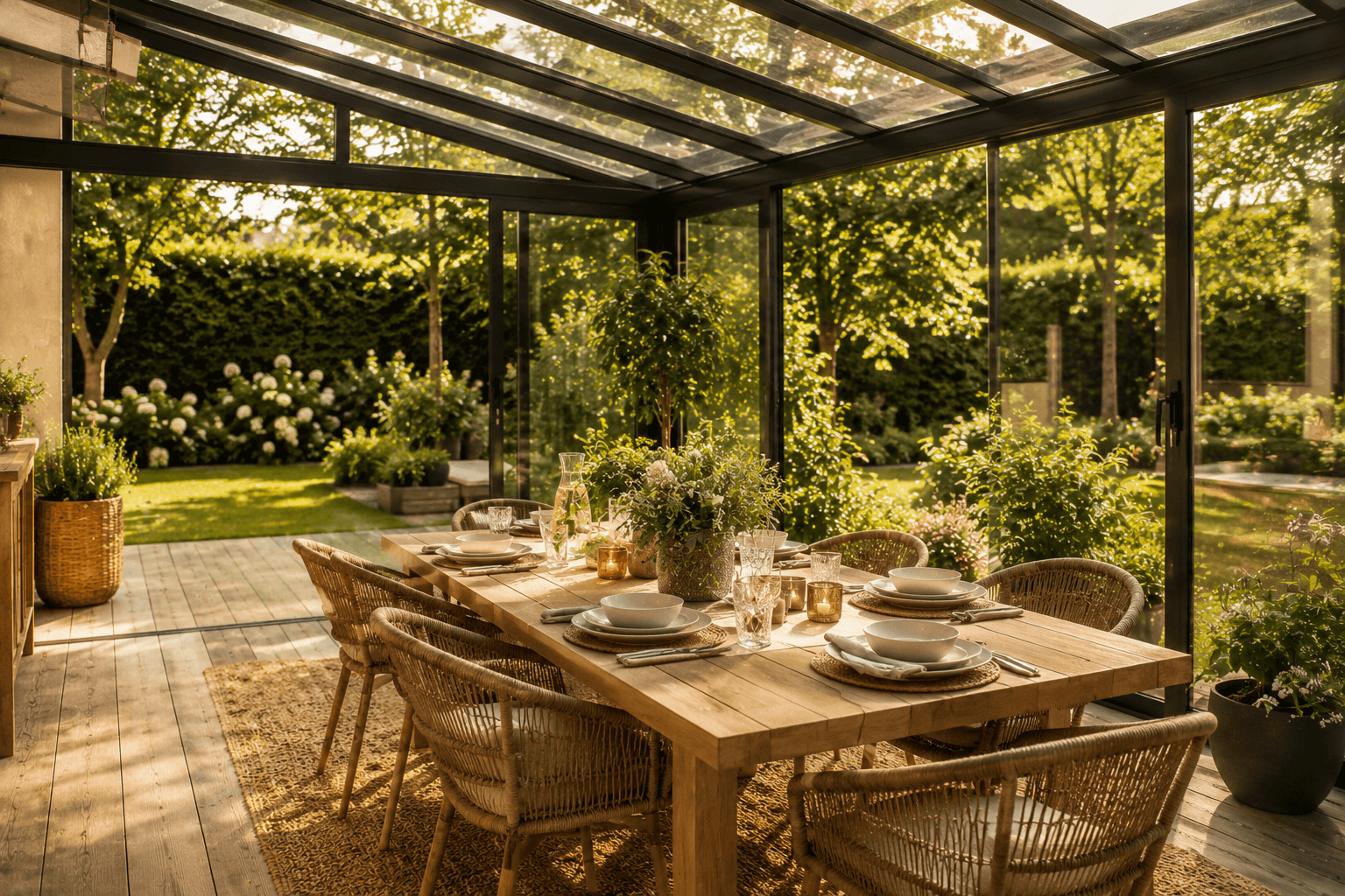 Gedeckter Essplatz mit Gartentisch und Stühlen unter einer Glasüberdachung