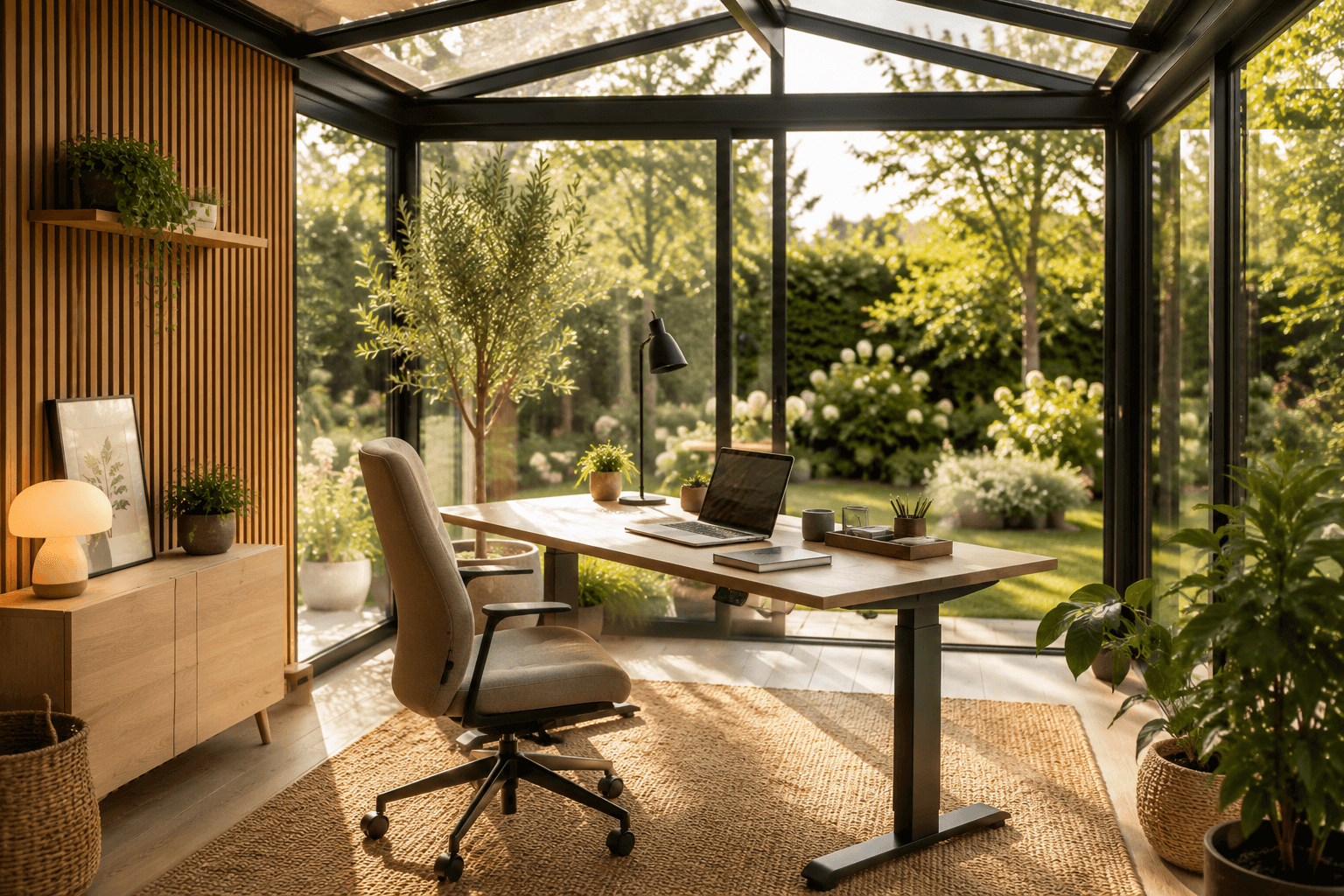 Heller Arbeitsplatz mit Schreibtisch und Bürostuhl in einer Glas-Oase mit Blick ins Grüne