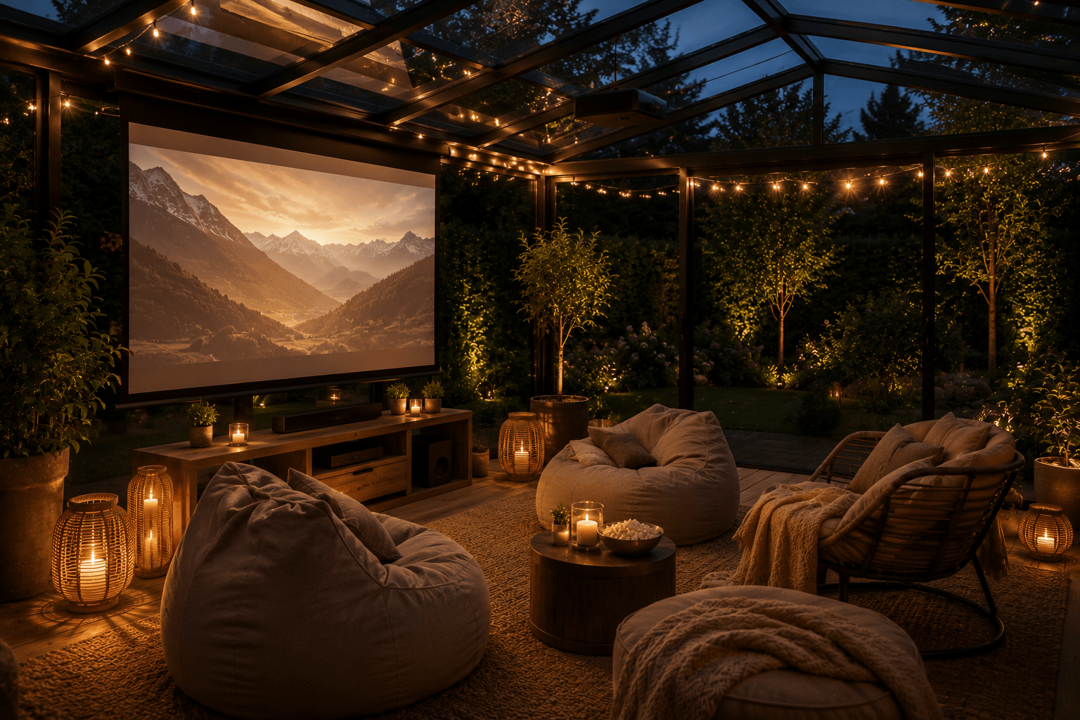Gemütliches Heimkino in der Glas-Oase mit Leinwand und Sitzsäcken bei Abendlicht