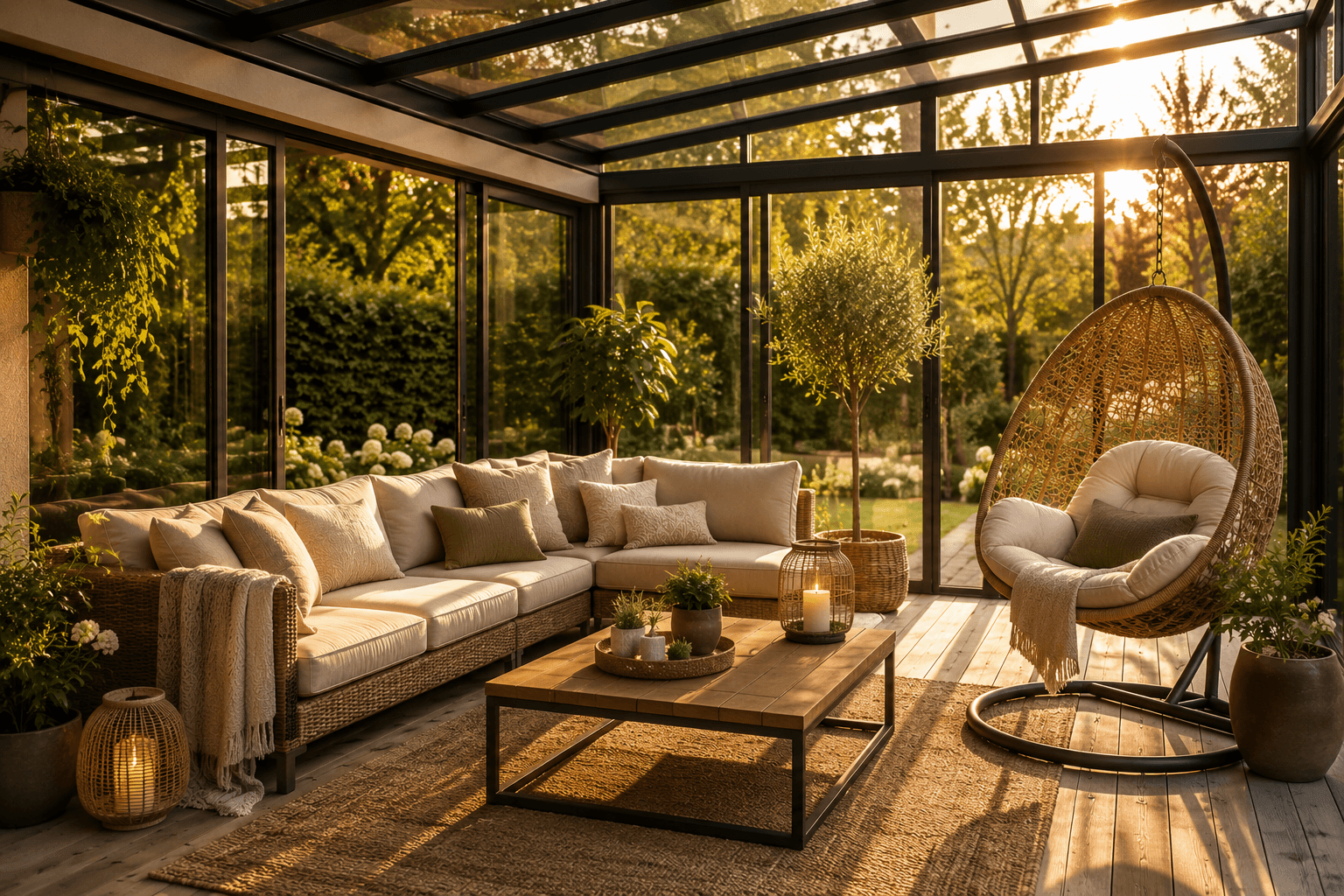 Gemütliche Lounge-Ecke mit Sofa und Hängesessel in einer Glas-Oase