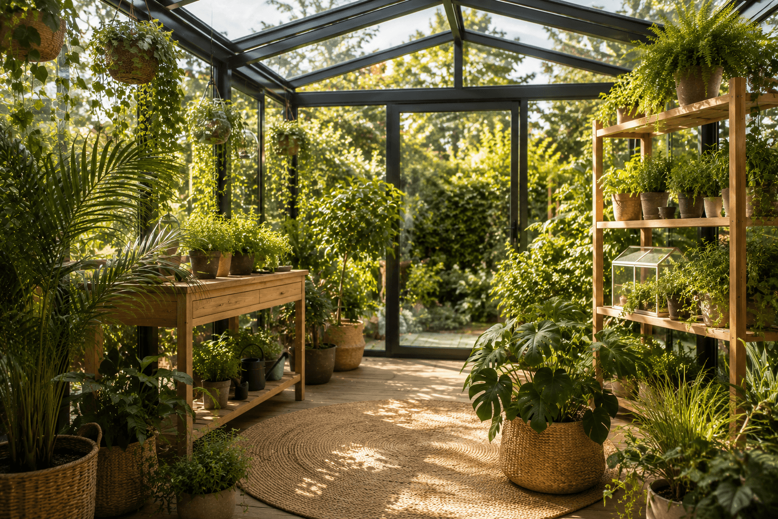 Grünes Pflanzenzimmer in der Glas-Oase mit Kübelpflanzen und Kräutern im Tageslicht