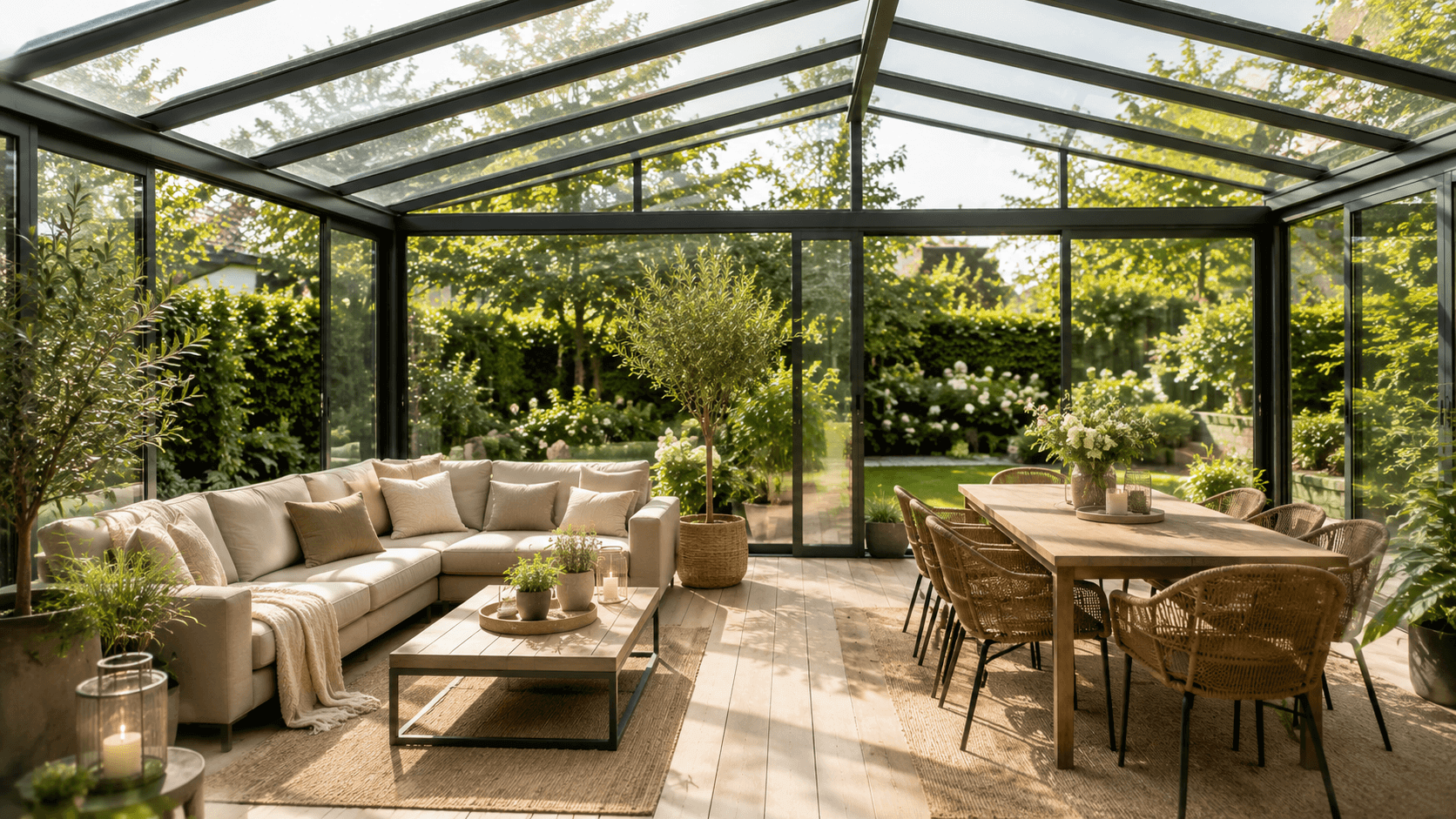 Helle Glas-Oase im Garten, die sich flexibel als Lounge und Essplatz nutzen lässt